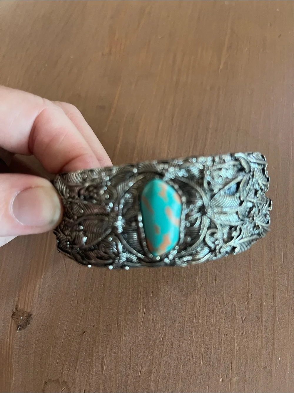 Silver faux turquoise cuff interesting  design vintage unisex